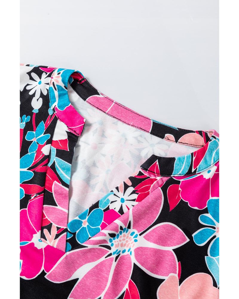 Pink Floral V Neck Roll Tab Sleeve Blouse - M