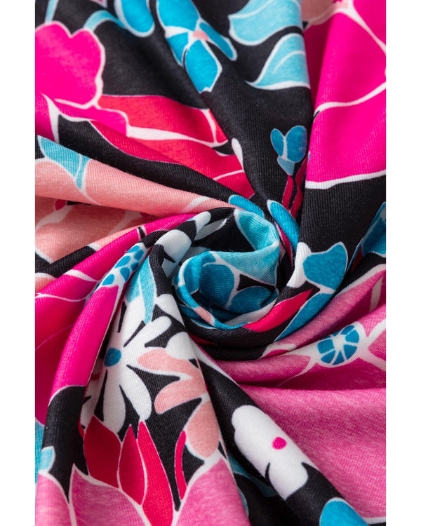 Pink Floral V Neck Roll Tab Sleeve Blouse - S