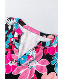 Pink Floral V Neck Roll Tab Sleeve Blouse - S