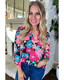 Pink Floral V Neck Roll Tab Sleeve Blouse - XL