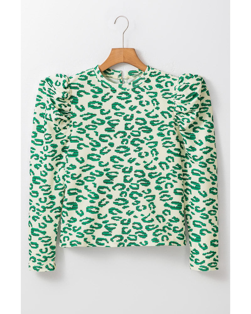 Blackish Green Leopard Print Mock Neck Puff Sleeve Top - L