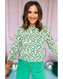 Blackish Green Leopard Print Mock Neck Puff Sleeve Top - M