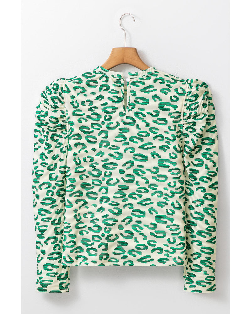 Blackish Green Leopard Print Mock Neck Puff Sleeve Top - M