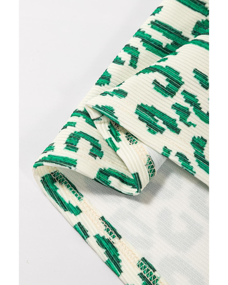 Blackish Green Leopard Print Mock Neck Puff Sleeve Top - M