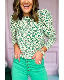 Blackish Green Leopard Print Mock Neck Puff Sleeve Top - M
