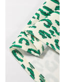 Blackish Green Leopard Print Mock Neck Puff Sleeve Top - S