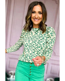 Blackish Green Leopard Print Mock Neck Puff Sleeve Top - XL