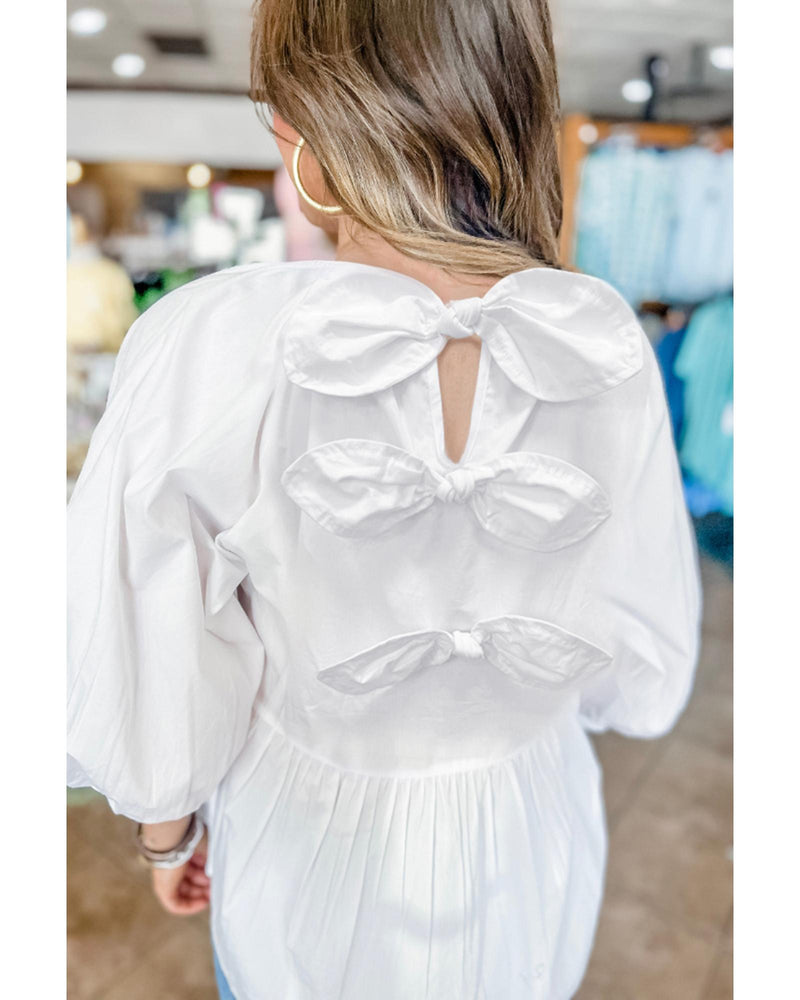 White Bow Knot Cutout Back Loose Fit 3/4 Sleeve Blouse - M