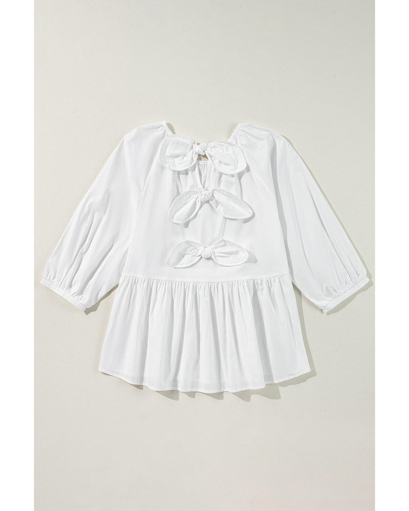 White Bow Knot Cutout Back Loose Fit 3/4 Sleeve Blouse - M