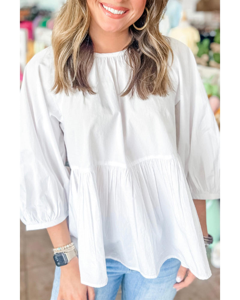 White Bow Knot Cutout Back Loose Fit 3/4 Sleeve Blouse - XL