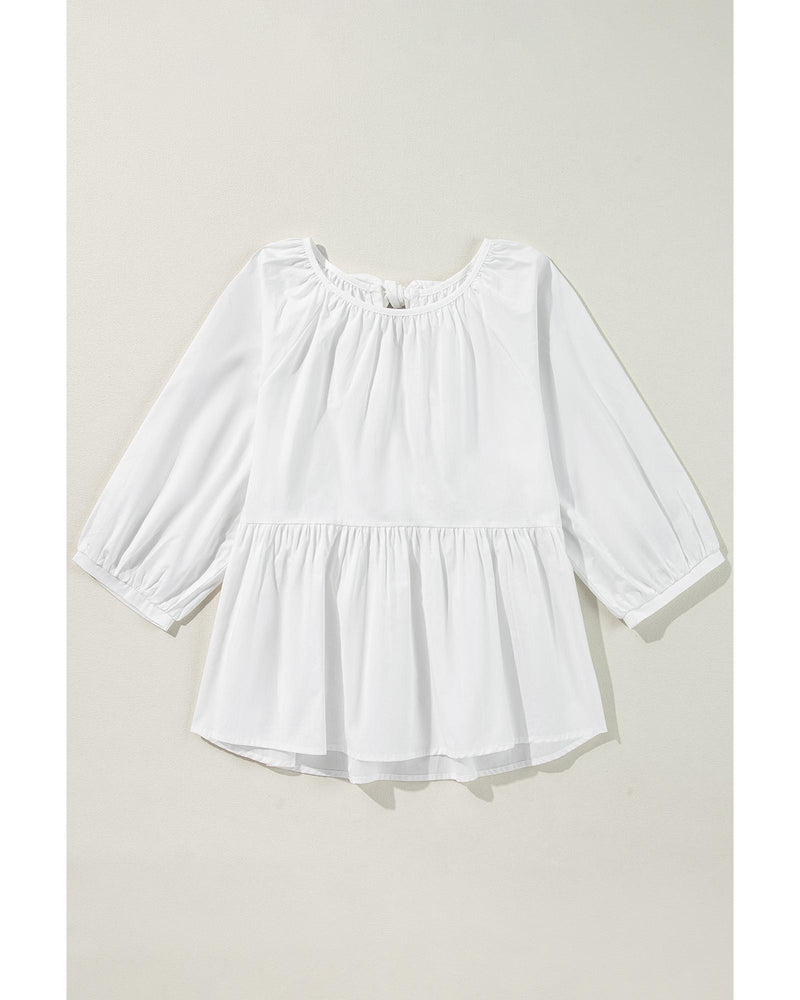 White Bow Knot Cutout Back Loose Fit 3/4 Sleeve Blouse - XL