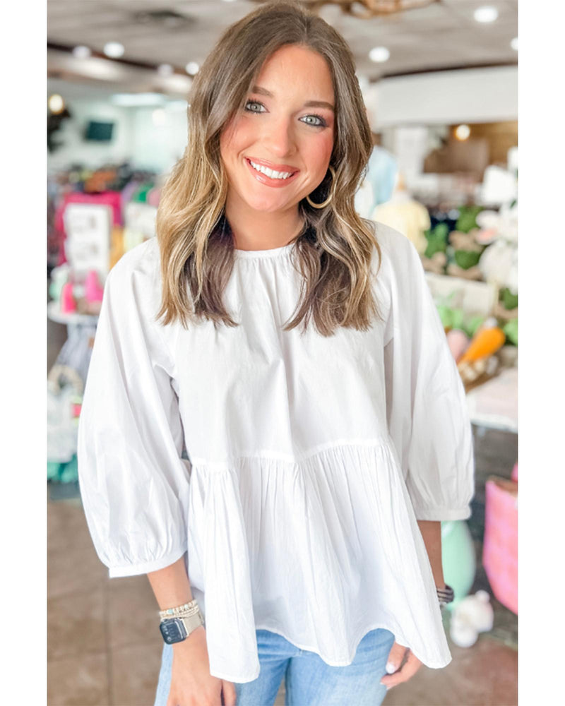 White Bow Knot Cutout Back Loose Fit 3/4 Sleeve Blouse - XL