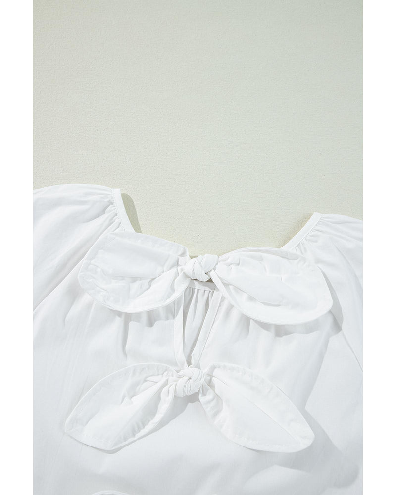 White Bow Knot Cutout Back Loose Fit 3/4 Sleeve Blouse - XL