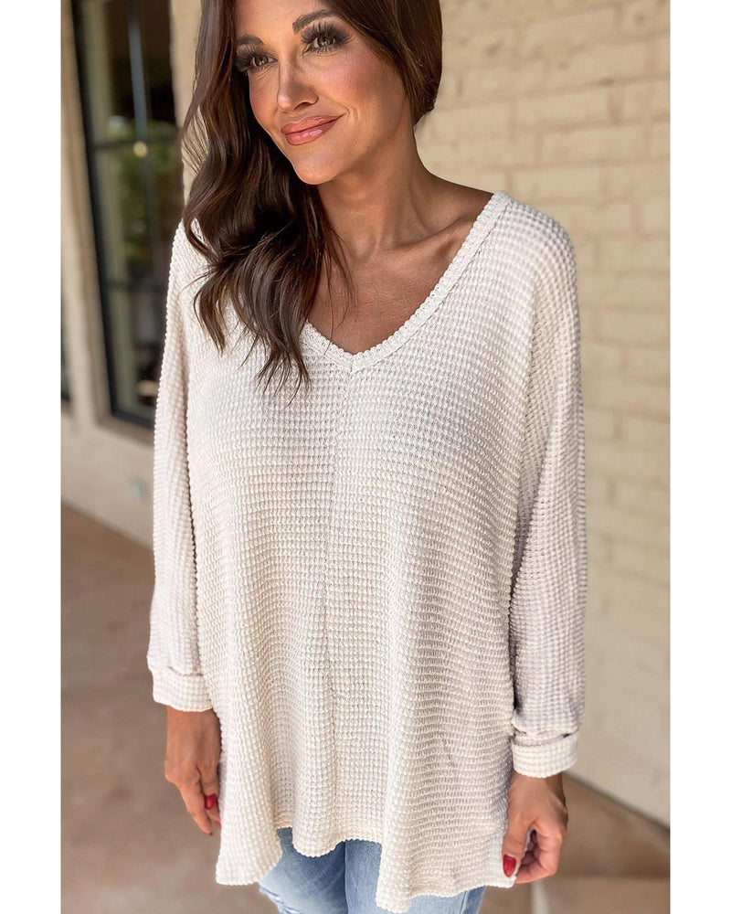 White Waffle Knit Side Slits Loose Fit V Neck Top - L