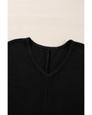 Black Waffle Knit Side Slits Loose Fit V Neck Top - L