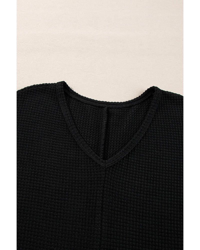 Black Waffle Knit Side Slits Loose Fit V Neck Top - L