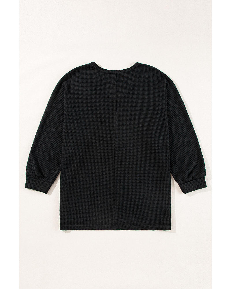 Black Waffle Knit Side Slits Loose Fit V Neck Top - L