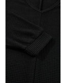 Black Waffle Knit Side Slits Loose Fit V Neck Top - L