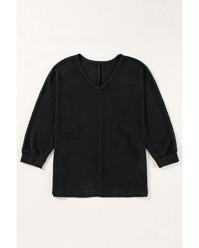 Black Waffle Knit Side Slits Loose Fit V Neck Top - L