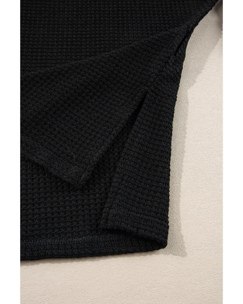 Black Waffle Knit Side Slits Loose Fit V Neck Top - M