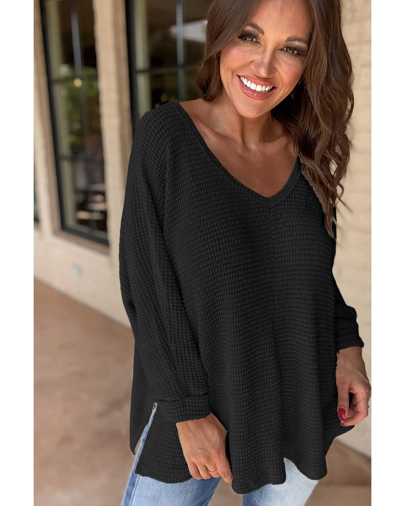 Black Waffle Knit Side Slits Loose Fit V Neck Top - M