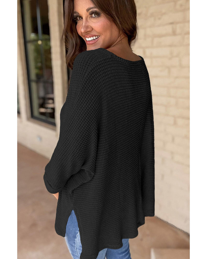 Black Waffle Knit Side Slits Loose Fit V Neck Top - M