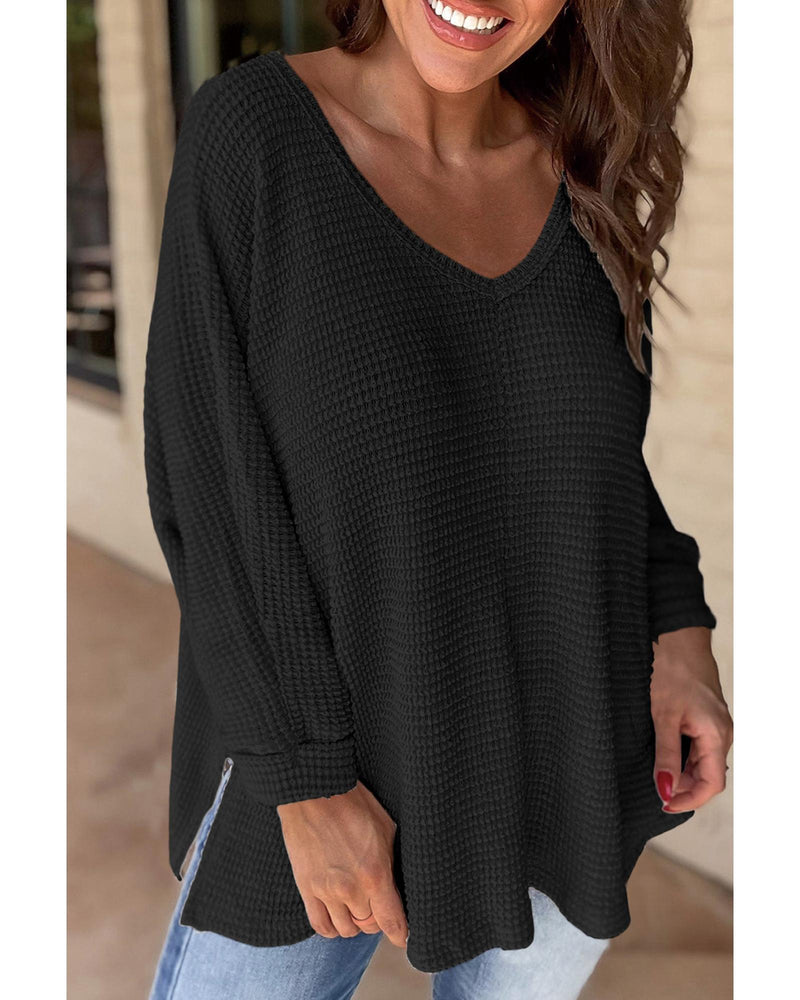 Black Waffle Knit Side Slits Loose Fit V Neck Top - M