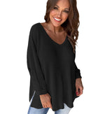 Black Waffle Knit Side Slits Loose Fit V Neck Top - S