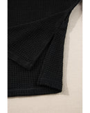 Black Waffle Knit Side Slits Loose Fit V Neck Top - S