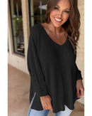 Black Waffle Knit Side Slits Loose Fit V Neck Top - S