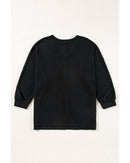 Black Waffle Knit Side Slits Loose Fit V Neck Top - S