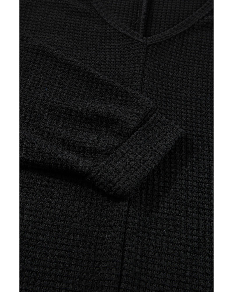Black Waffle Knit Side Slits Loose Fit V Neck Top - S