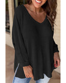 Black Waffle Knit Side Slits Loose Fit V Neck Top - S