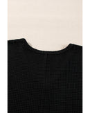 Black Waffle Knit Side Slits Loose Fit V Neck Top - S