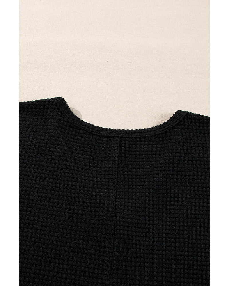 Black Waffle Knit Side Slits Loose Fit V Neck Top - S