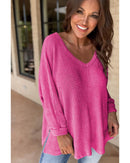 Rose Red Waffle Knit Side Slits Loose Fit V Neck Top - L