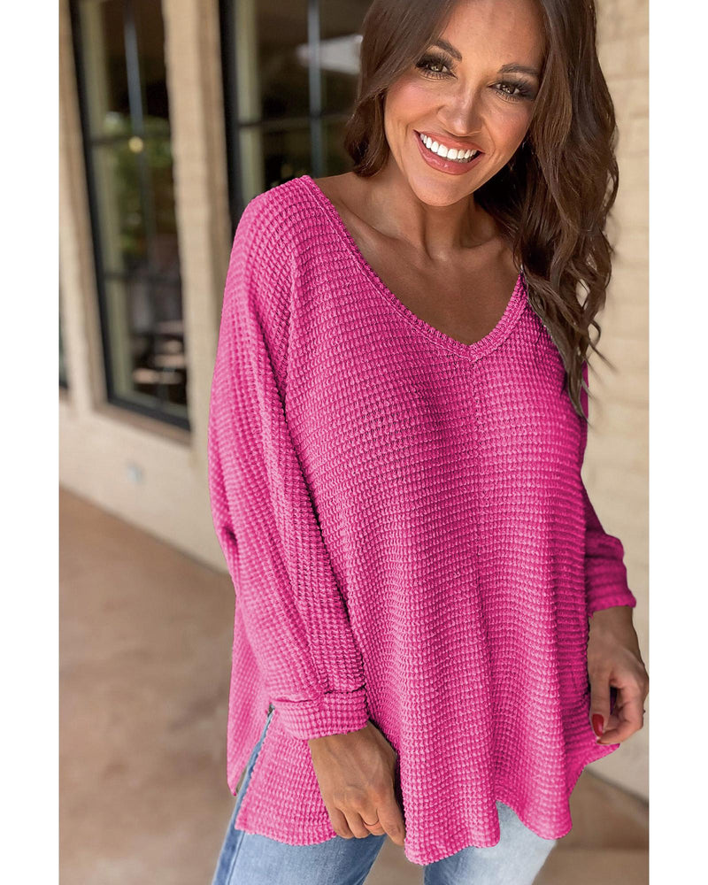 Rose Red Waffle Knit Side Slits Loose Fit V Neck Top - L