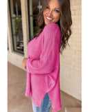 Rose Red Waffle Knit Side Slits Loose Fit V Neck Top - L