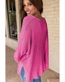 Rose Red Waffle Knit Side Slits Loose Fit V Neck Top - L