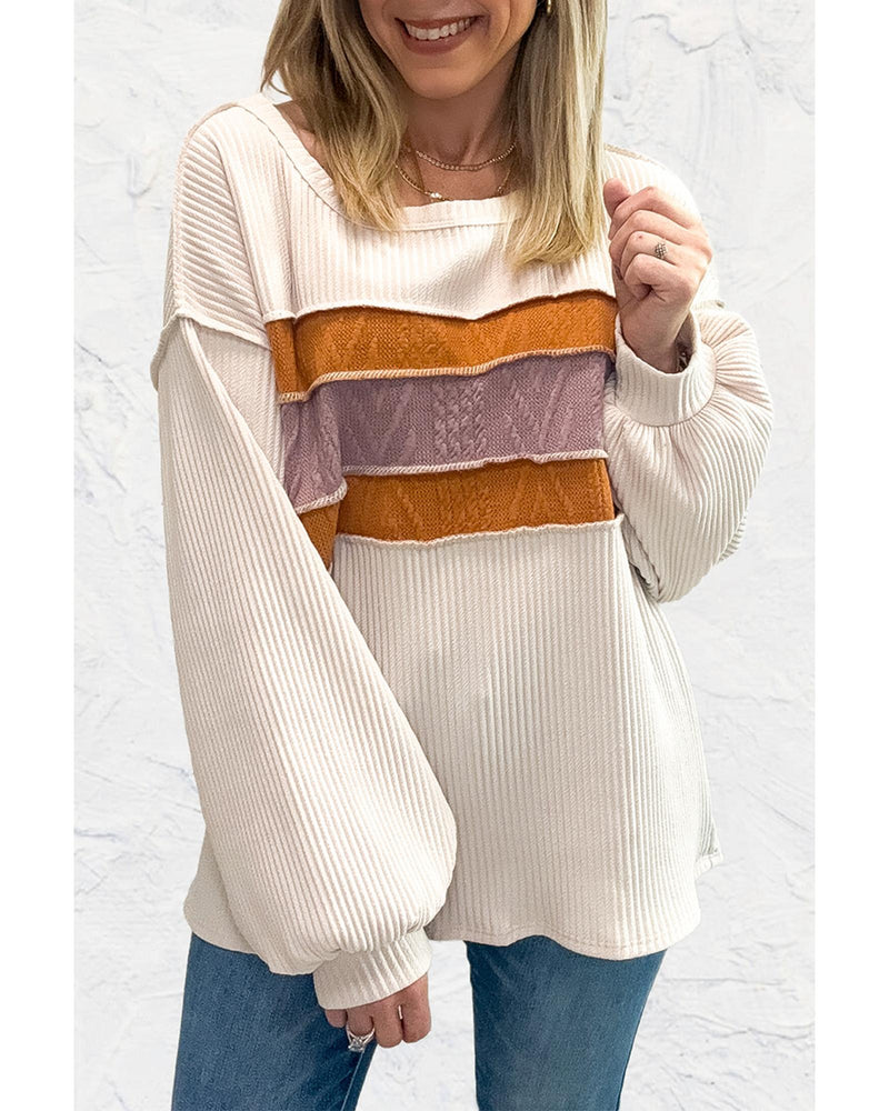 White Corded Exposed Seam Knit Patchwork Drop Sleeve Top - L