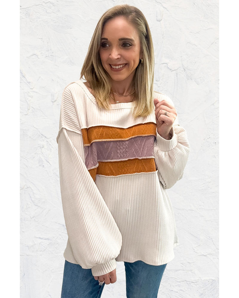 White Corded Exposed Seam Knit Patchwork Drop Sleeve Top - L