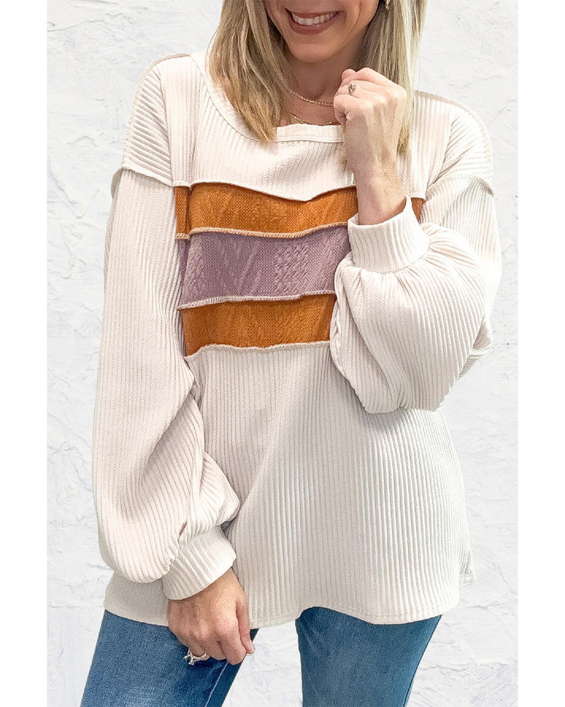 White Corded Exposed Seam Knit Patchwork Drop Sleeve Top - XL