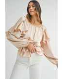 Oatmeal Lace-up Keyhole Back Ruffled Peplum Blouse - L