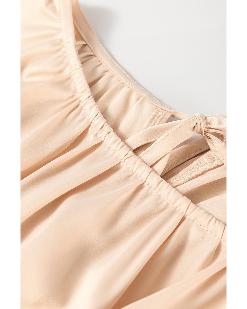 Oatmeal Lace-up Keyhole Back Ruffled Peplum Blouse - L