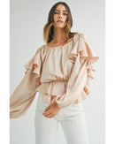 Oatmeal Lace-up Keyhole Back Ruffled Peplum Blouse - L