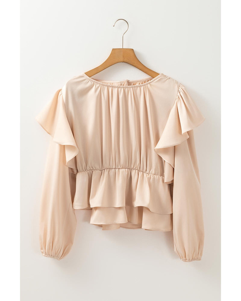 Oatmeal Lace-up Keyhole Back Ruffled Peplum Blouse - L