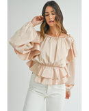 Oatmeal Lace-up Keyhole Back Ruffled Peplum Blouse - L