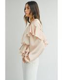 Oatmeal Lace-up Keyhole Back Ruffled Peplum Blouse - M