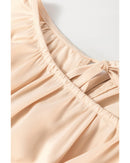 Oatmeal Lace-up Keyhole Back Ruffled Peplum Blouse - S