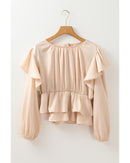 Oatmeal Lace-up Keyhole Back Ruffled Peplum Blouse - S